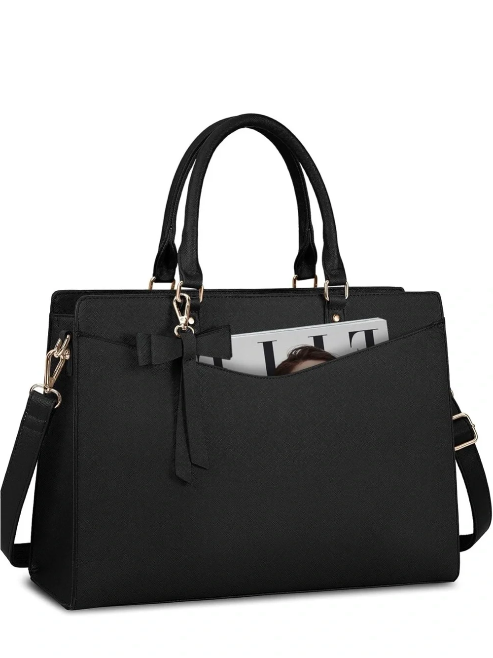 Professional Black Laptop Bag with Exterior Pocket and cute bow